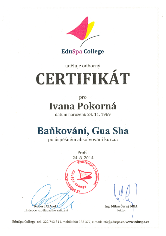 Certifikát Ivana Pokorná - Baňkování, Gua Sha