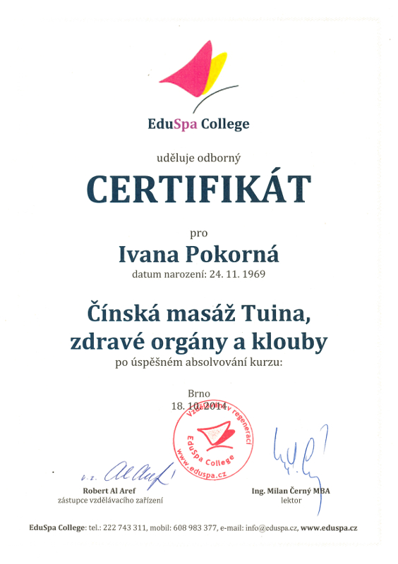 Certifikát Ivana Pokorná - Čínská masáž Tuina, zdravé orgány a klouby